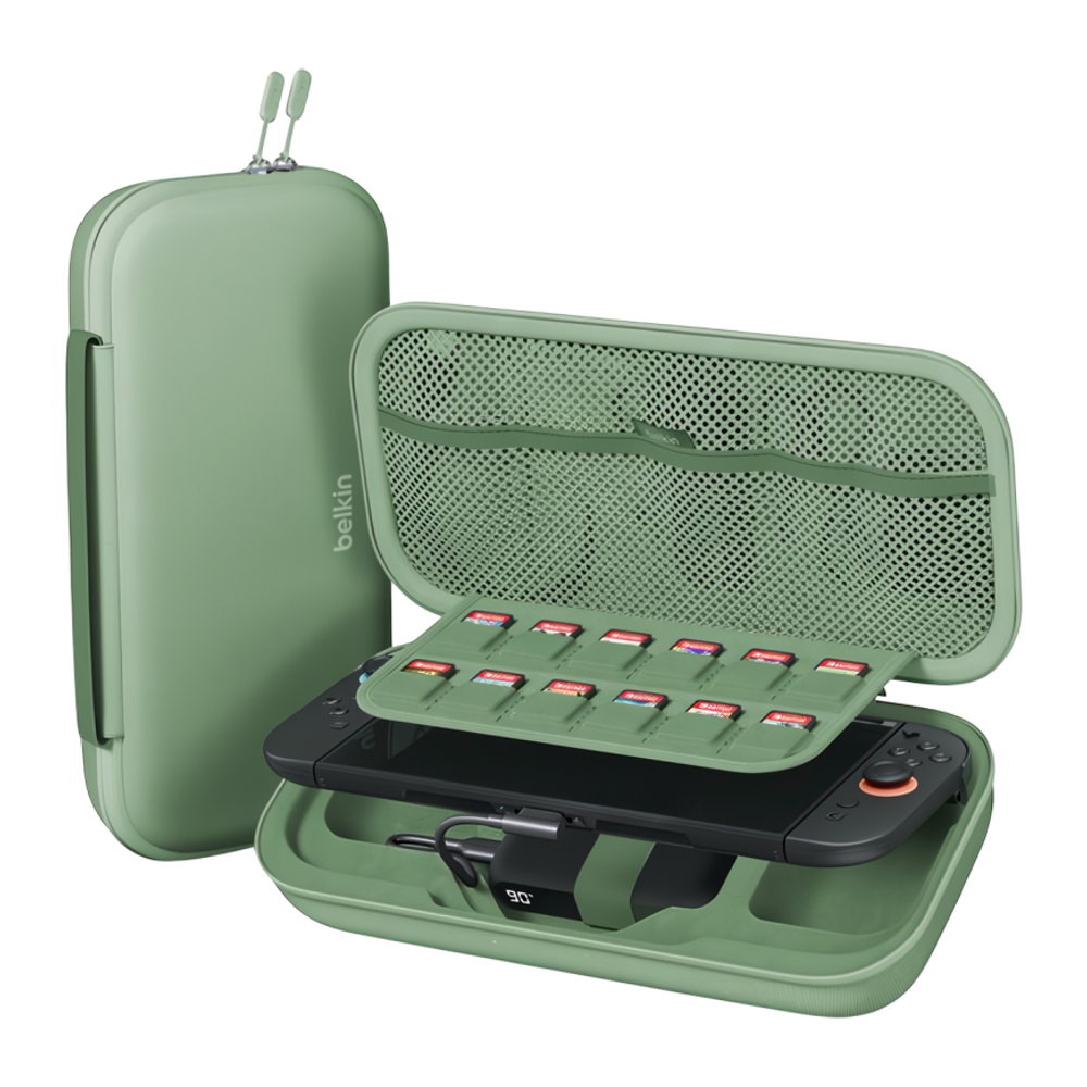 Тканевый чехол Belkin Gaming Charging Case для Nintendo Switch 2 Водостойкий гибридный чехол из полиэстера с ремешком-ручкой. Вмещает до двенадцати картриджей с играми. Есть кармашек для AirTag