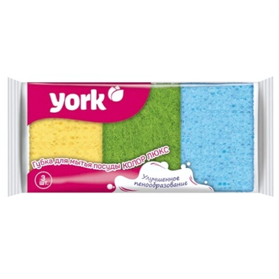 Губки для посуды Колор Люкс 3шт 10*7*3см крупнопористый поролон 22кг/м3, фибра 500г/м2 YORK