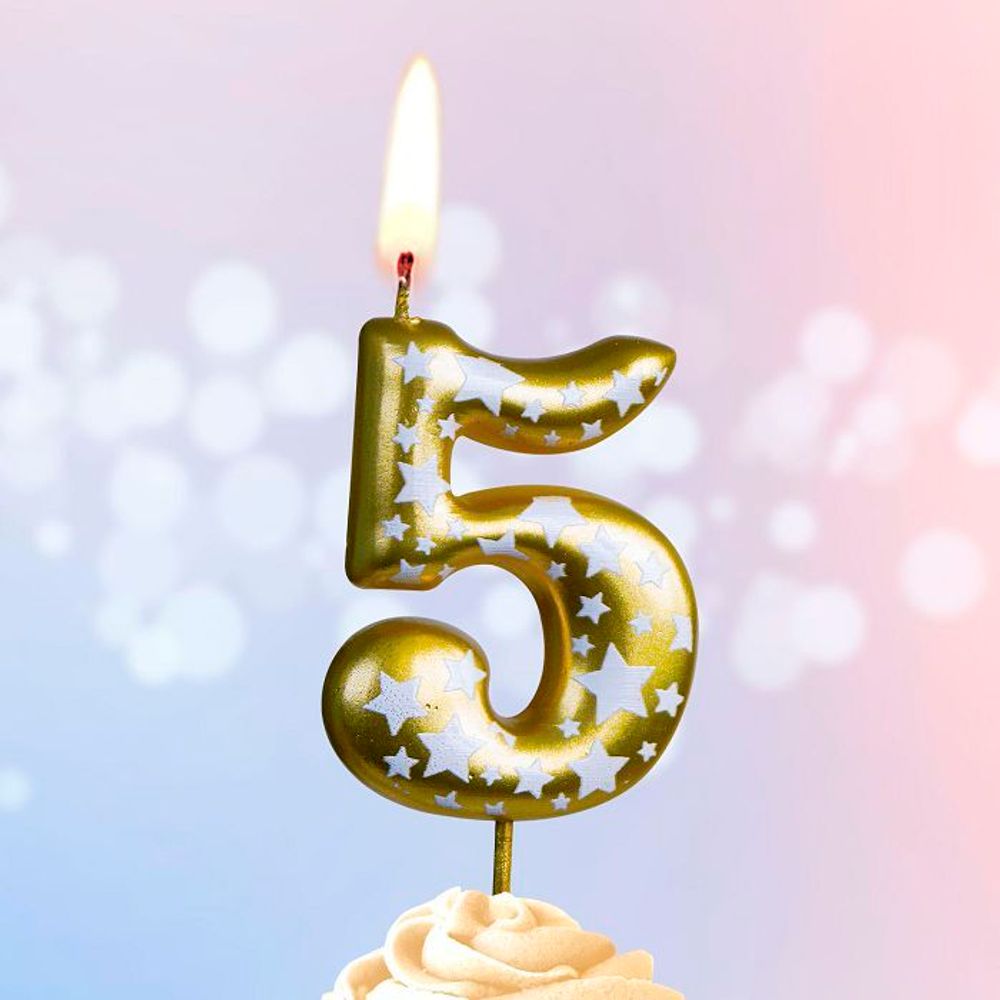 Свеча Цифра, 5 Звездочки, Золото, 4,3 см, 1 шт.