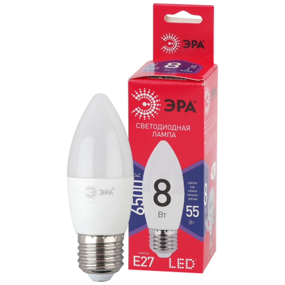 Лампа светодиодная ЭРА RED LINE LED B35-8W-865-E27 R 8Вт свеча холодный дневной свет Е27 | Лампы cветодиодные Свеча (B/C)