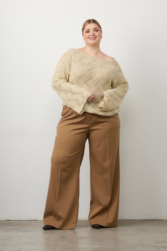 Джемпер вязаный ажурный с люрексом, бежевый