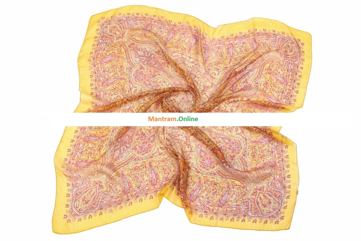 Платок материал Шелк 100% Плотный узор цвет красный оранжевый хаки на желтом с желтой каймой 100x100см.