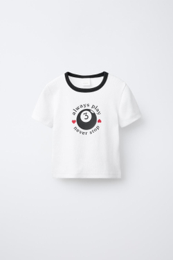 ZARA ФУТБОЛКА В РУБЧИК С КОНТРАСТНОЙ НАДПИСЬЮ, БЕЛЫЙ