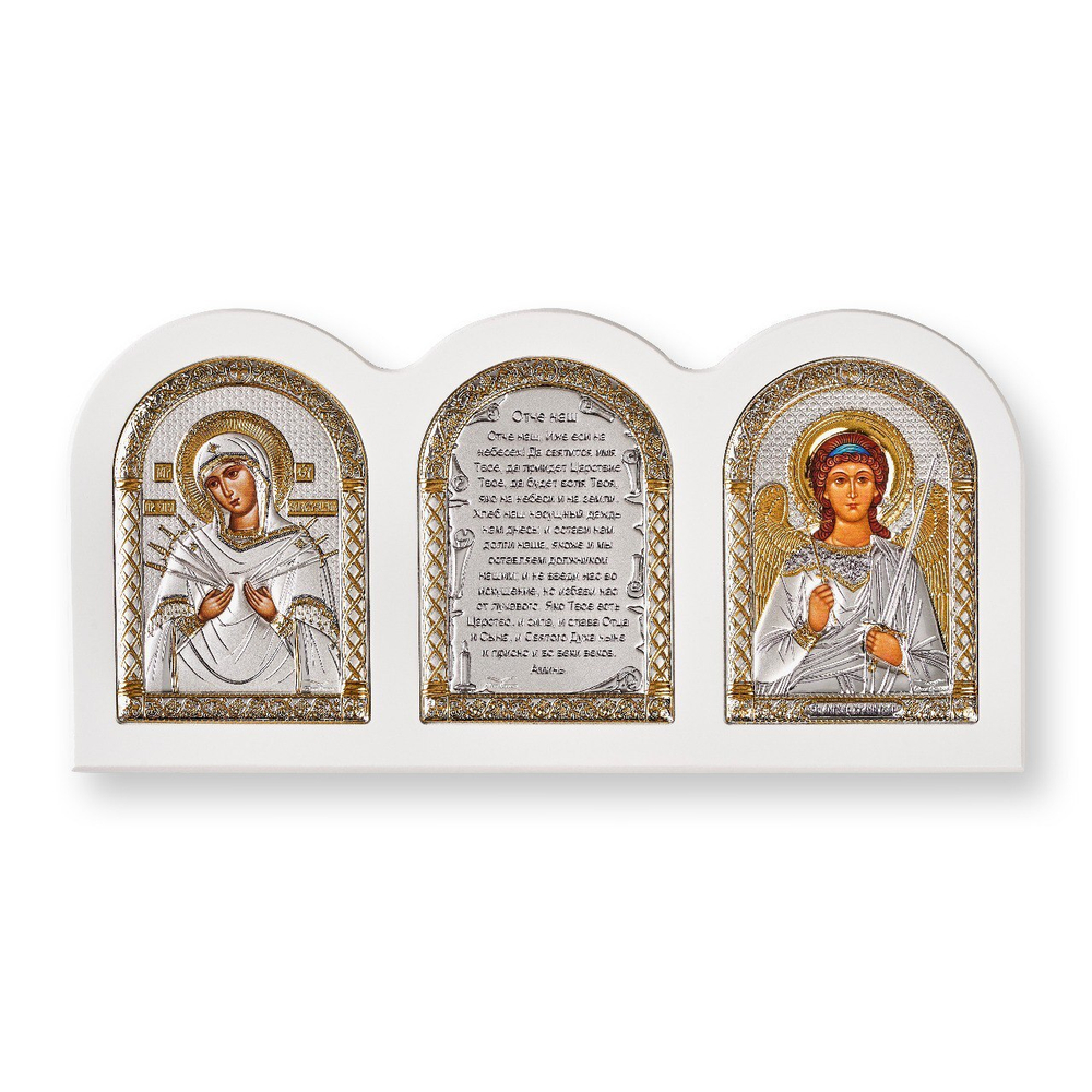 Триптих, Семистрельная БМ, Ангел, Молитва, икона, белое дерево 320х160