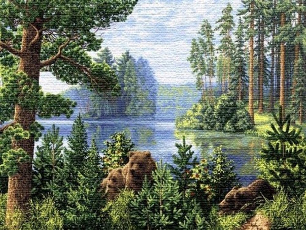 Гобеленовая картина &quot;D. БОР НА ОЗЕРЕ&quot; в багетной раме, Россия.