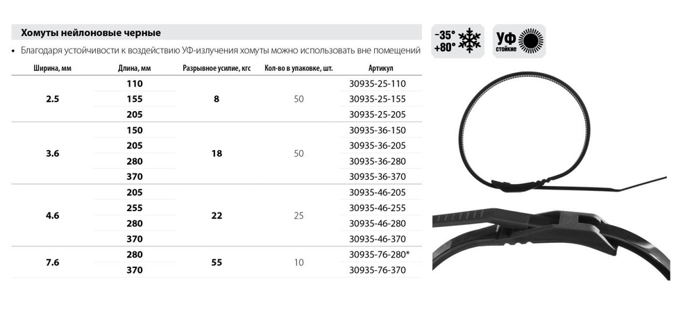 Кабельные стяжки черные КОБРА с плоским замком 2.5х155 мм (50 шт) 30935-25-155