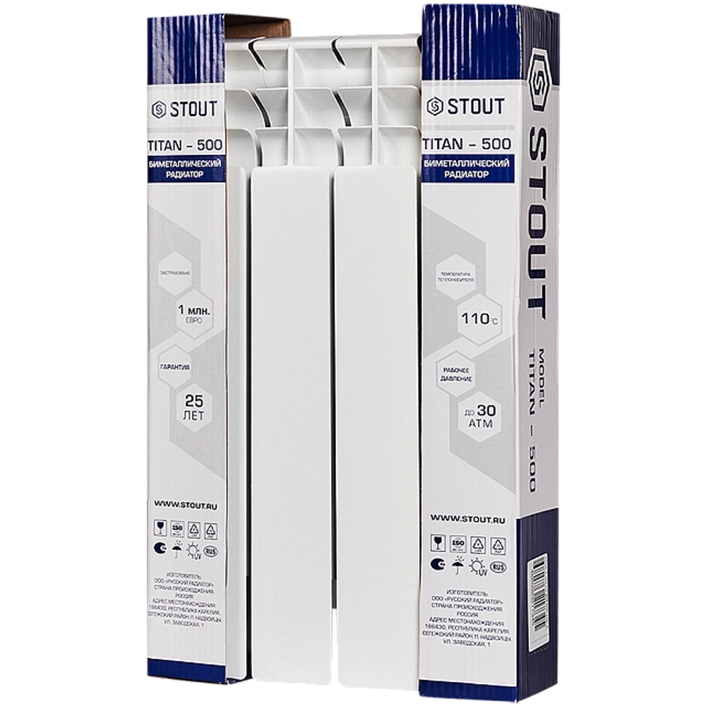 Радиатор биметаллический STOUT TITAN 500 - 4 секции (подключение боковое, цвет белый)