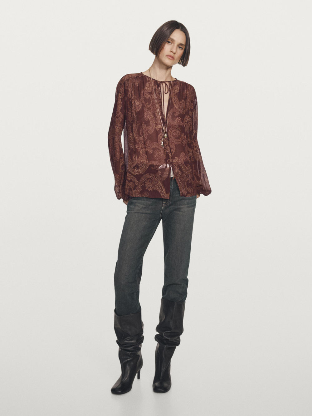 Massimo Dutti Струящаяся блузка с узором, бордово-красный