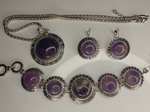 Комплект бижутерии подвеска, цепь, браслет, серьги Аметист Круг.(натуральный камень, бижутерный сплав)