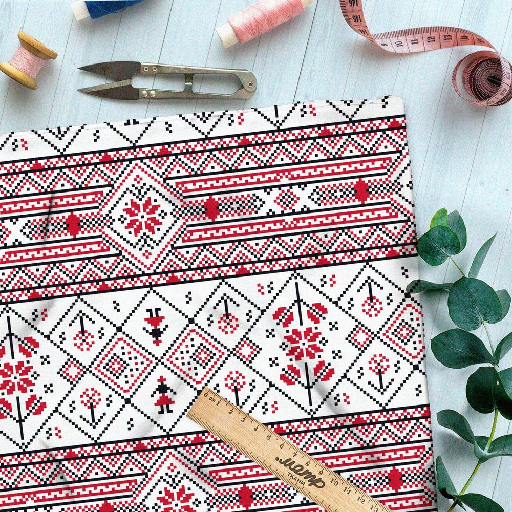 Ткань габардин мелкая славянская вышивка на полотенце