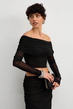 Лонгслив с открытыми плечами из сетки стрейч черного цвета