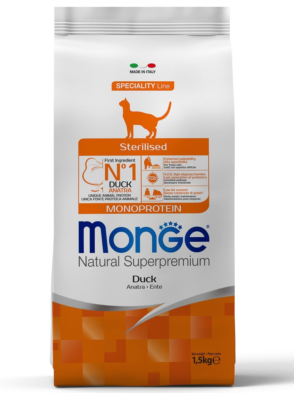 Корм сухой для стерилизованных кошек Monge Monoprotein Sterilised Duck с уткой, пакет 1.5кг