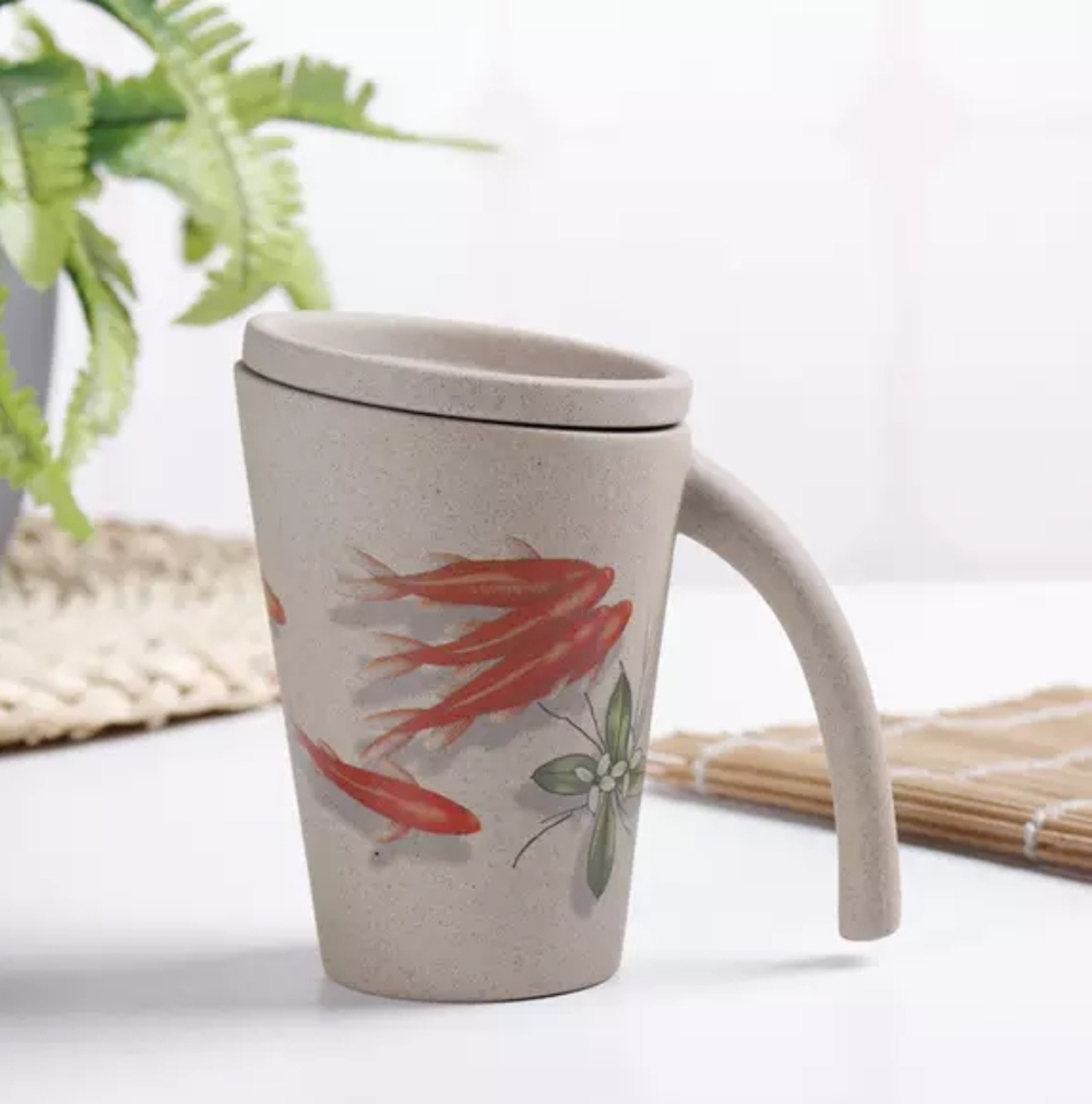 249013 Кружка ТЕРРАКОТОВАЯ "Рыбки" с крышкой, h=13см, d=8,8см, 350мл, глина бежевый