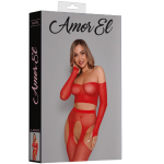 Комплект из топа с рукавом и чулок с поясом и стразами Amor El красный S/L