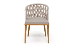 "Диего" стул плетеный из роупа, основание дуб каркас из стали белый муар, роуп бежевый круглый, ткань бежевая 052