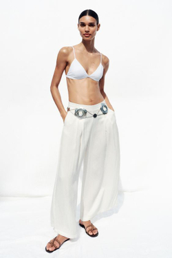 ZARA ШИРОКИЕ БРЮКИ С ЗАЩИПАМИ, ЭКРЮ