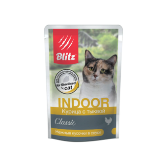 Влажный корм для котов и кошек склонных к лишнему весу и для кастрированных животных Blitz Classic Indoor Chicken & Pumpkin in Gravy for Sterilised Cat Курица с тыквой нежные кусочки в соусе, 85 гр. В комплекте 24 шт