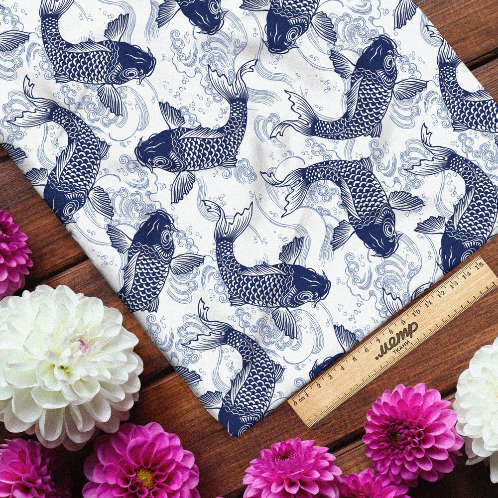 Ткань габардин синие карпы