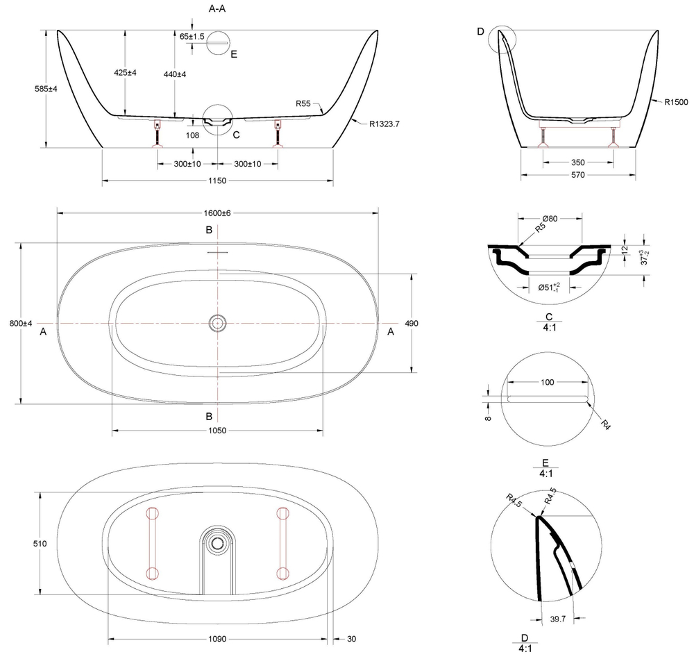 Ванна акриловая Vincea VBT-708-1600, 1600*800*585, цвет белый, щелевой перелив, слив белый