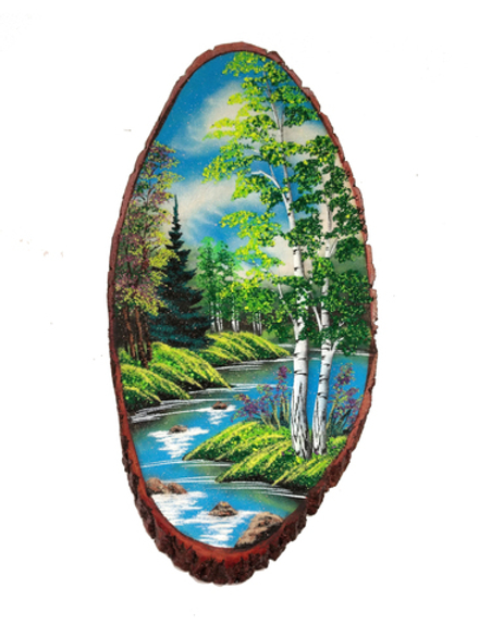Картина на срезе дерева "Лесная река пороги" 50-55 см 1100гр