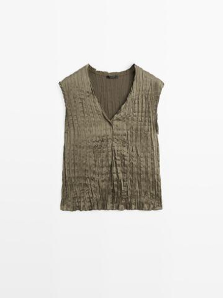 Massimo Dutti Плиссированный топ с V-образным вырезом, оливково-зеленый