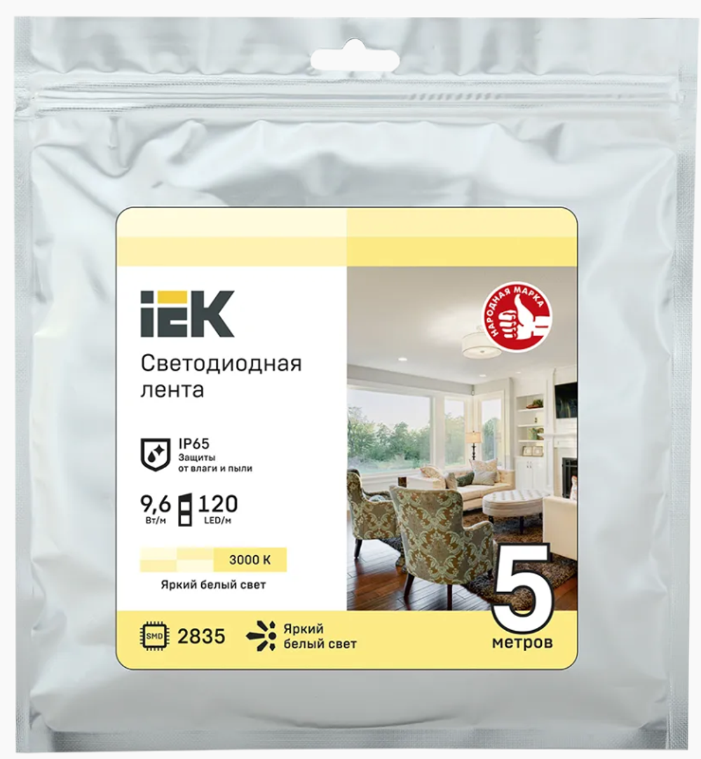 Лента светодиодная IEK 9,6Вт 120LED 3000к 12В бел IP65 5м