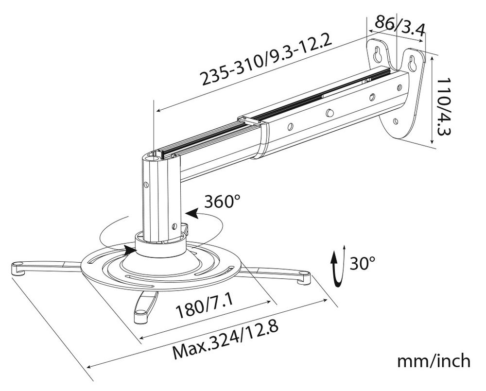 Кронштейн для проектора Cactus CS-VM-PR05B-AL серебристый макс.10кг настенный и потолочный поворот и наклон