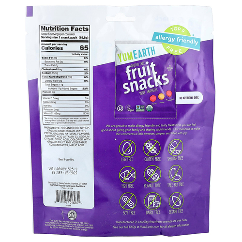 YumEarth, фруктовые снеки без глютена, ассорти любимых вкусов, 5 упаковок по 19,8 г (0,7 унции)