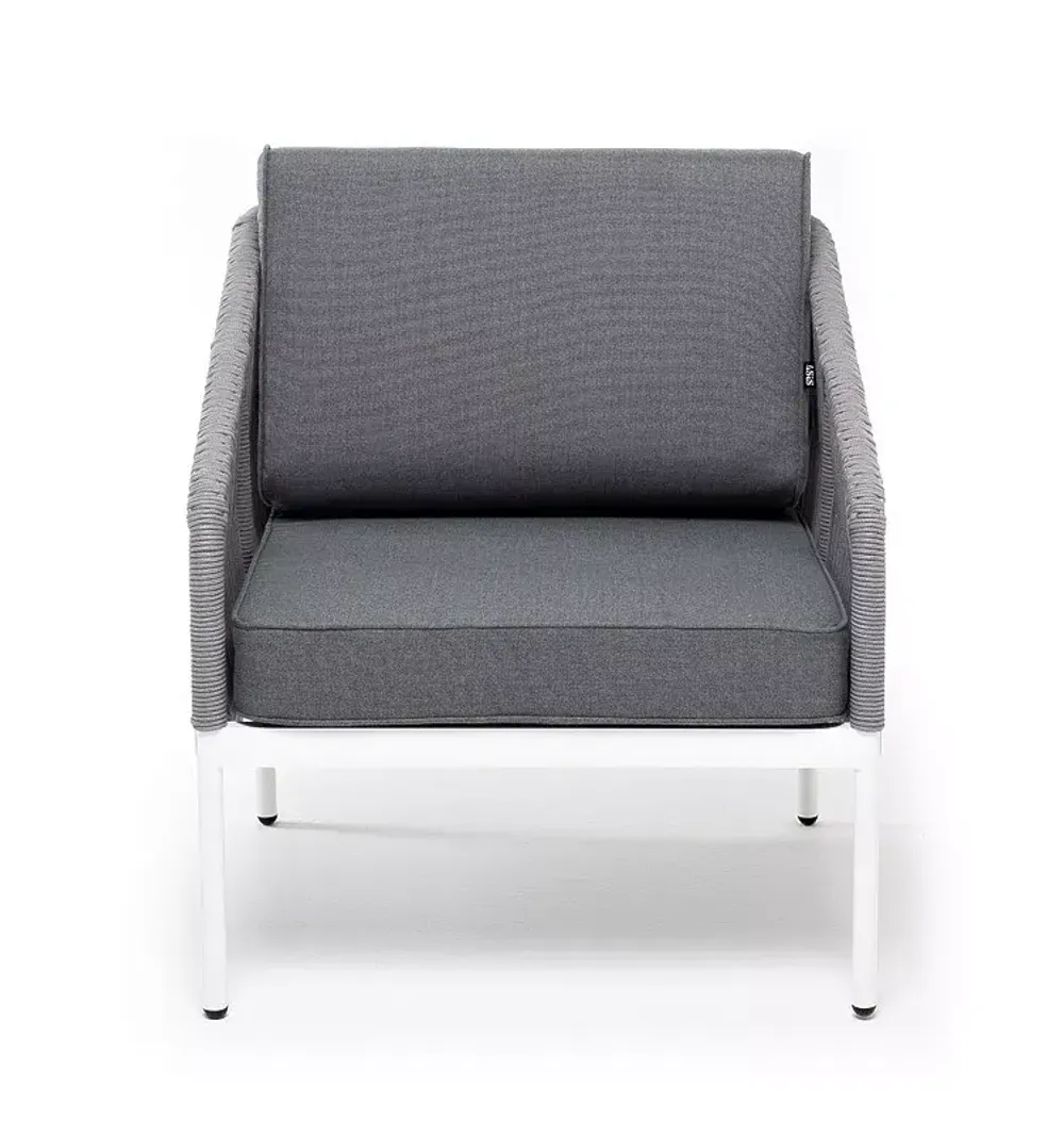 "Канны" кресло плетеное из роупа, каркас алюминий белый муар, роуп светло-серый круглый, ткань серая 017