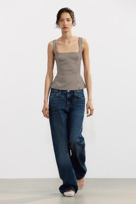 ZARA ТОП В КЛЕТКУ ВИШИ, КОРИЧНЕВЫЙ/БЕЛЫЙ