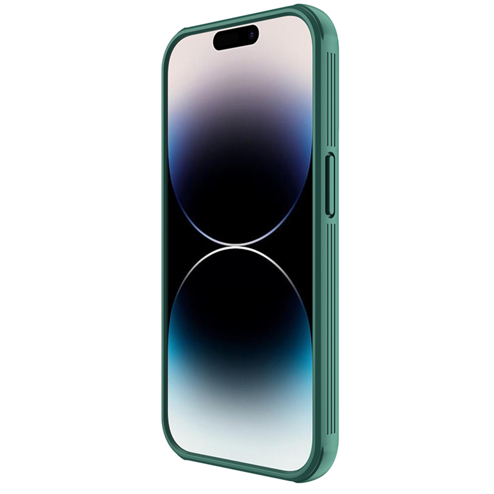 Чехол зеленого цвета от Nillkin на смартфон iPhone 14 Pro Max, серия CamShield Pro Case, сдвижная шторка для камеры