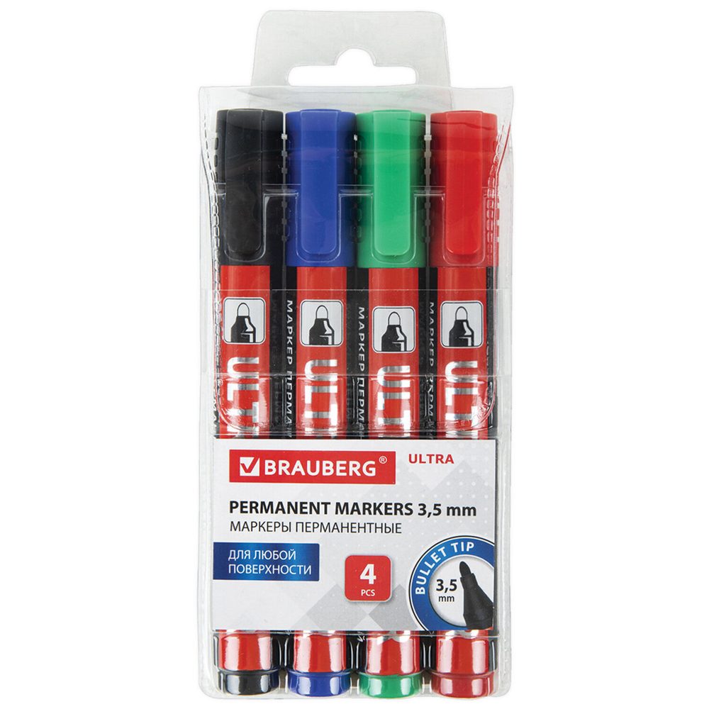 Маркеры перманентные BRAUBERG ULTRA MARKER набор 4 ЦВЕТА круглый наконечник 3 5 мм (4 штуки в упаковке)