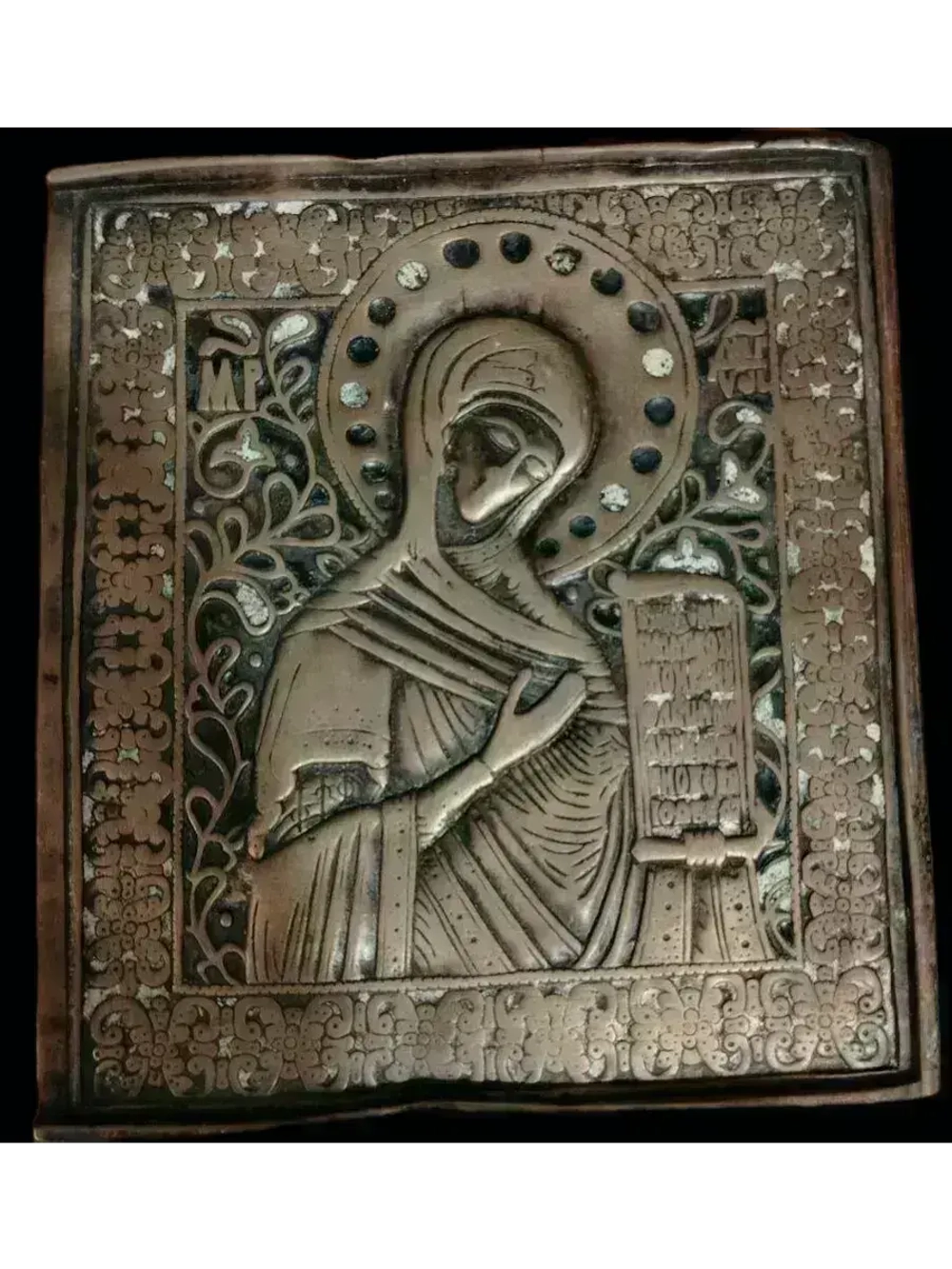 Антикварная икона " Богоматерь" цельнолитая медная металлопластика