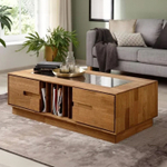 Журнальный стол Паво из массива дуба с закаленным стеклом / кофейный стол с местом для хранения и органайзером для газет и журналов