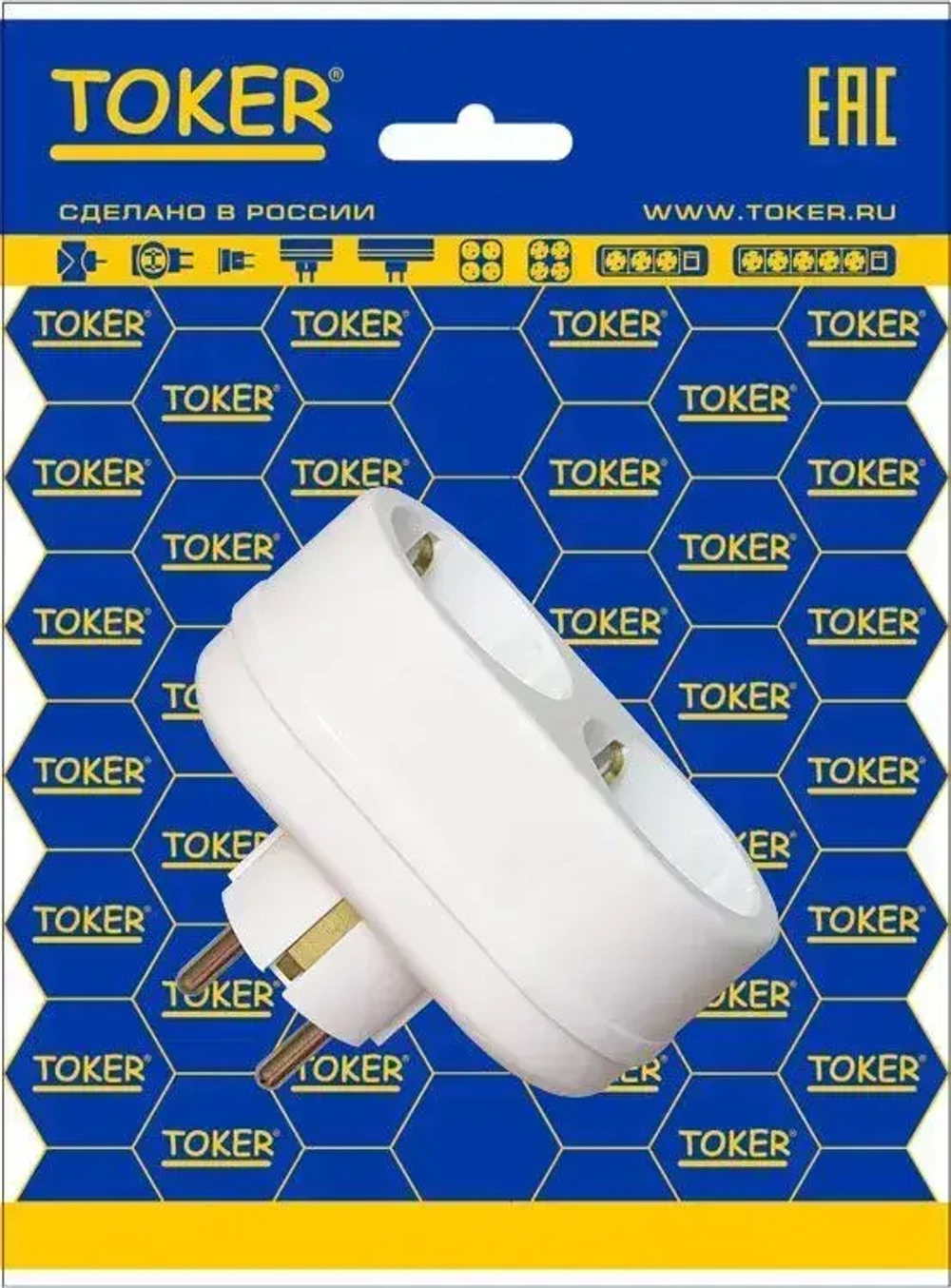 Двойник разветвитель сетевой TOKER 2T2 (с заземлением) белый индивидуальная упаковка