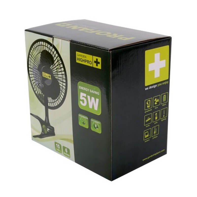 Упаковка вентилятора настольного garden highpro clip fan 15 см/5 вт с информацией об энергосбережении 5w и иконками