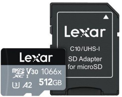 Карта памяти Lexar Professional 1066x Silver microSDXC 512GB UHS-I U3 V30 A2, R/W 160/120 МБ/с с адаптером