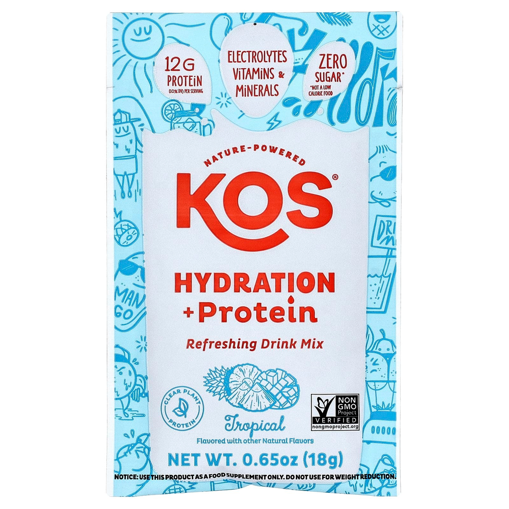 KOS, Hydration + Protein, освежающая смесь для напитков, тропические фрукты, 7 пакетиков по 18 г (0,65 унции)