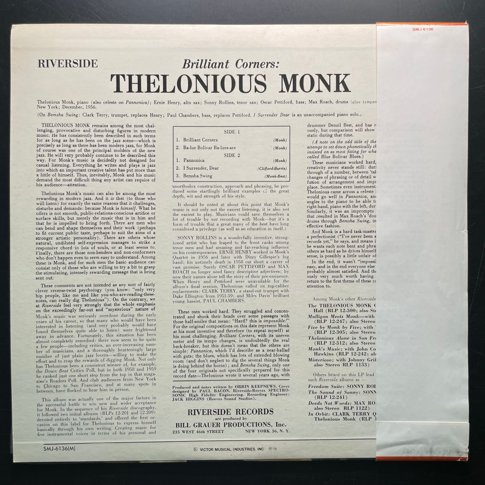 Thelonious Monk ‎– Brilliant Corners (Япония 1976г.)