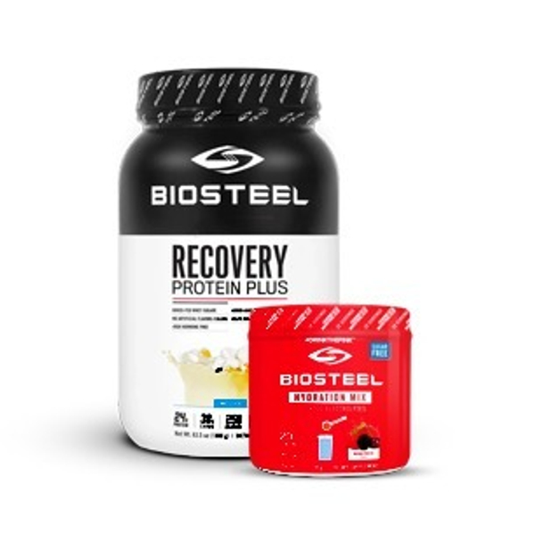 Комплект Biosteel: Протеин Recovery Protein Plus Ваниль, 1800г и Изотоник Mix Ягодное Ассорти,140г
