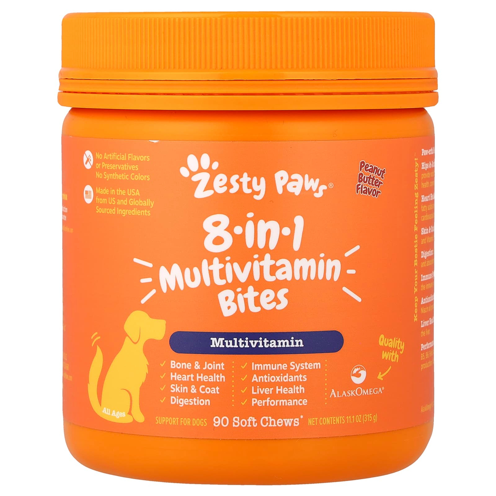 Zesty Paws, Multivitamin Bites, 8 в 1, для собак всех возрастов, с арахисовым маслом, 90 жевательных таблеток, 315 г (11,1 унции)