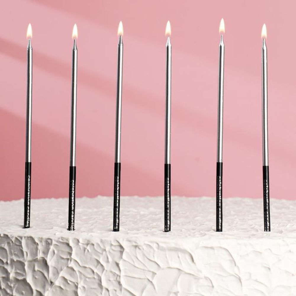 Свечи в торт &quot;С днём рождения&quot;, 6 шт, 16 см, серебро с чёрным