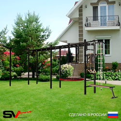 Уличная шведская стенка Sv Sport рукоход х 2 с комплектом турник прямой У52633 (Турник/Брусья/Скамья/Гнездо 80см/Кронш бокс/Канат/кольца/лестница)