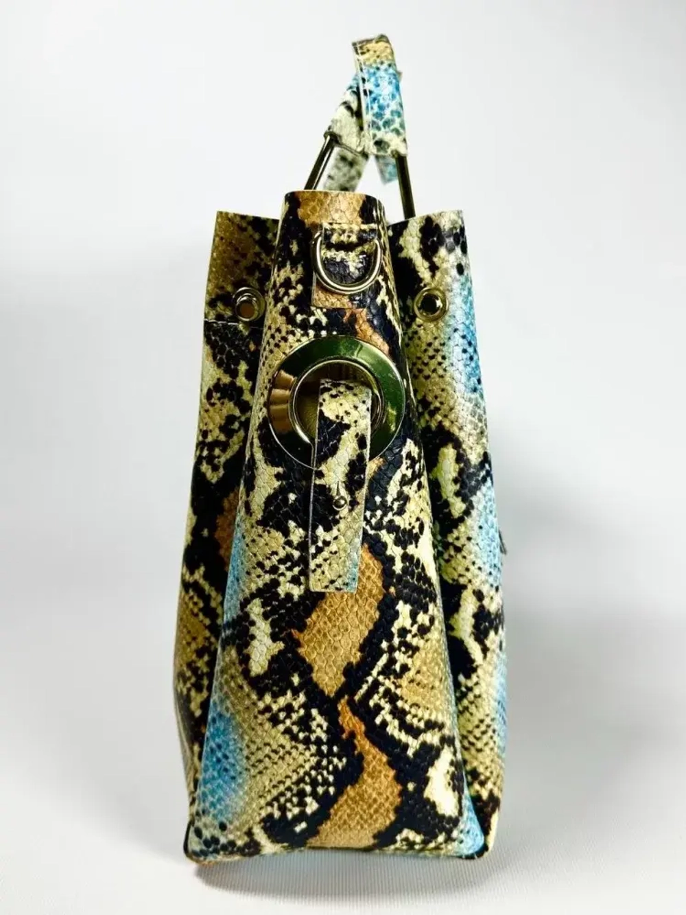 Женская желто-голубая сумка из натуральной кожи с тиснением питон
