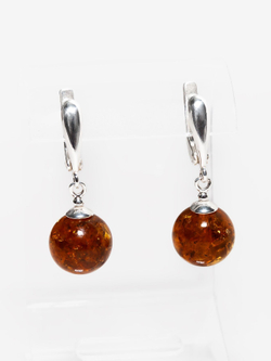 Серьги из серебра 925 с цельным коньячным янтарем 11 мм