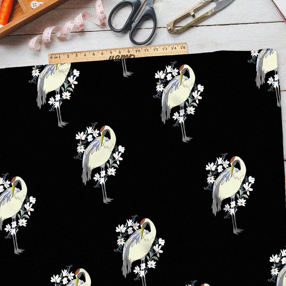 Ткань шифон японский журавль на черном
