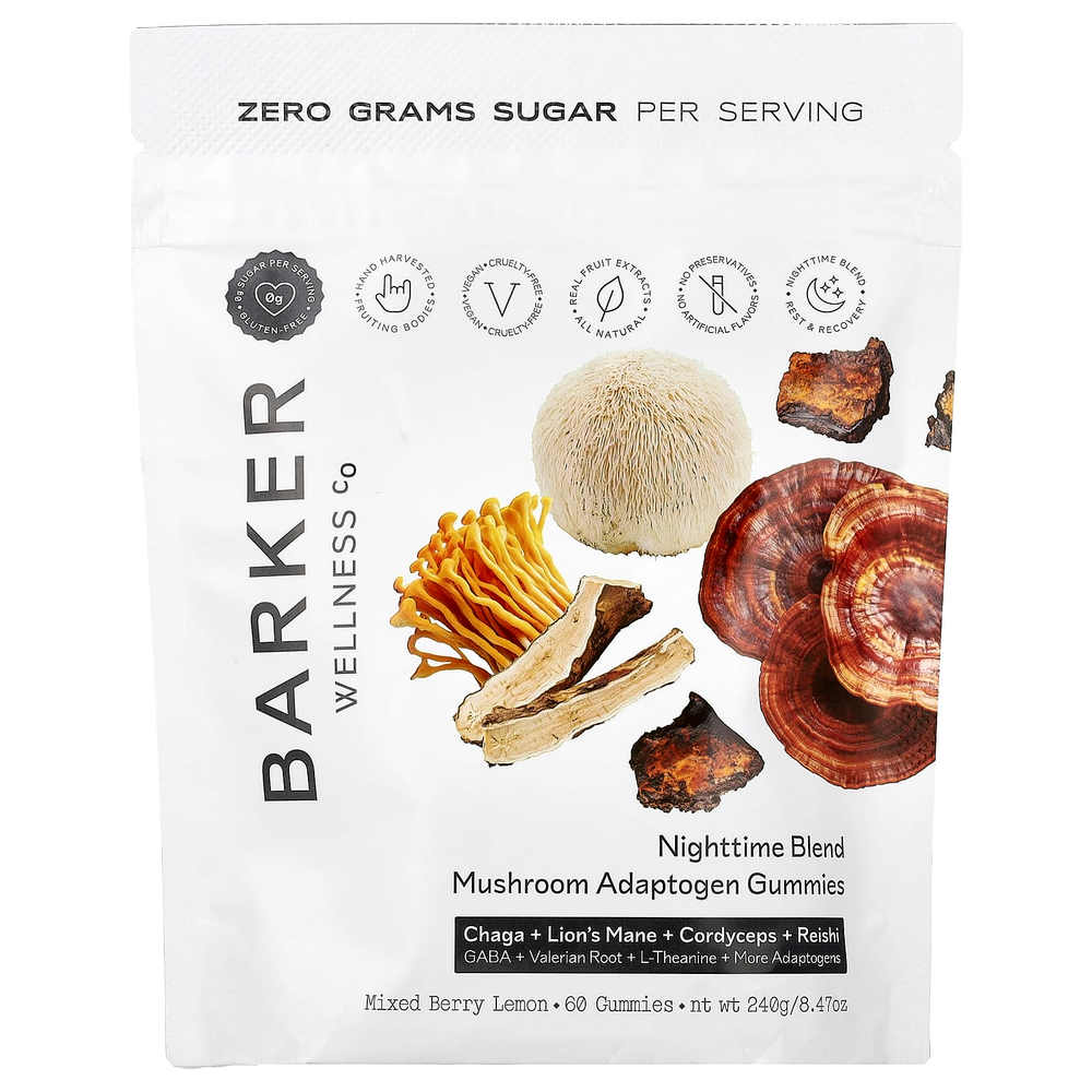 Barker Wellness Co, Nighttime Blend, жевательная смесь грибов и адаптогенов, со вкусом ягод и лимона, 60 жевательных таблеток
