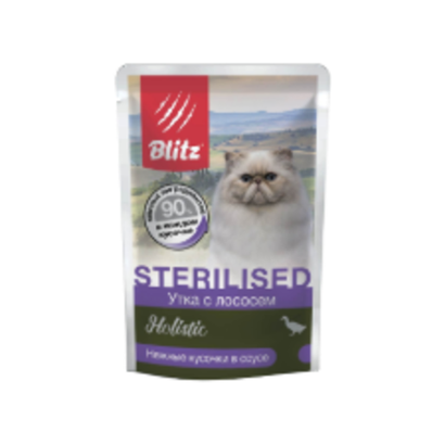 Влажный корм холистик для стерилизованных кошек Blitz Holistic Sterilised Cat Duck & Salmon in Gravy кусочки в соусе 0,085кг. В комплекте 24шт