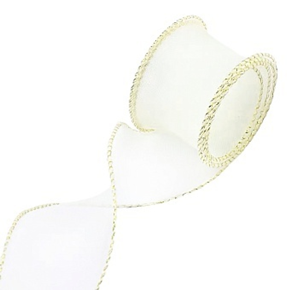 Лента декоративная (4 см*9,14 м) Органза с леской Золотая кайма Белый