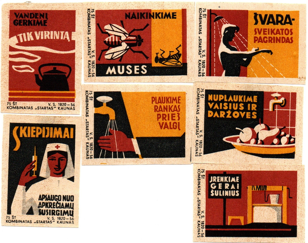 Набор спичечных этикеток - Гигиена - 7 штук - 1956 год - Фабрика Стартас Каунас